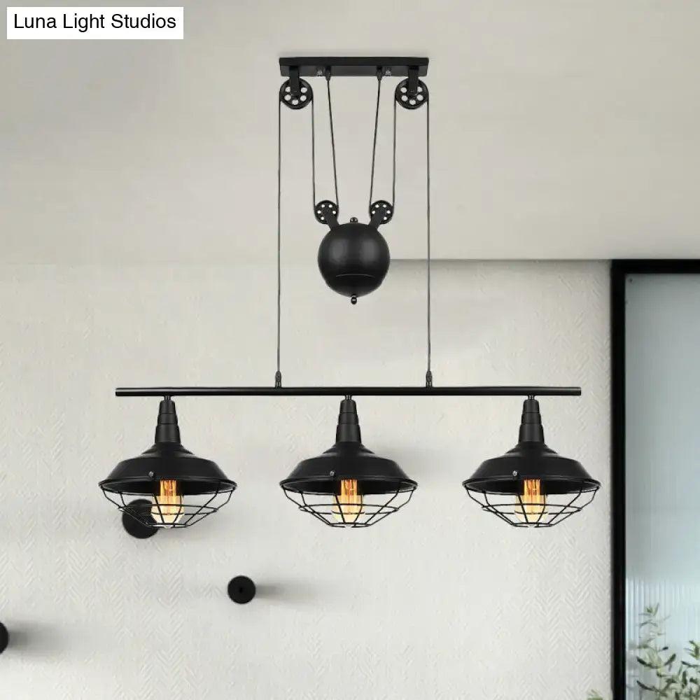 Black Cage Three-Light Adjustable Chain Pendant