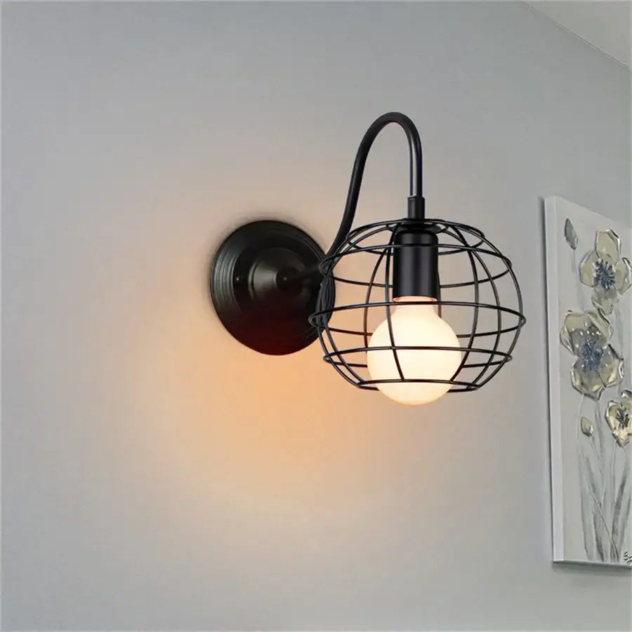 Black Iron Wall Sconce Cage Design with Edison Bulb