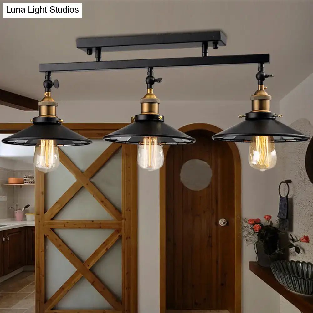Black Brass Cone-Shaped Three-Light Ceiling Light
