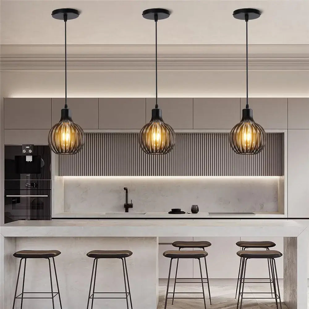 Black Metal Cage Pendant for Compact Dining Space