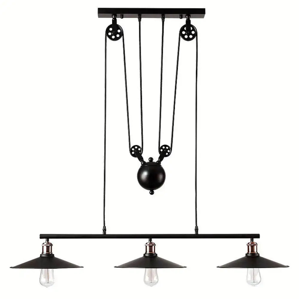 Black Pulley Cone Three-Bulb Pendant Light