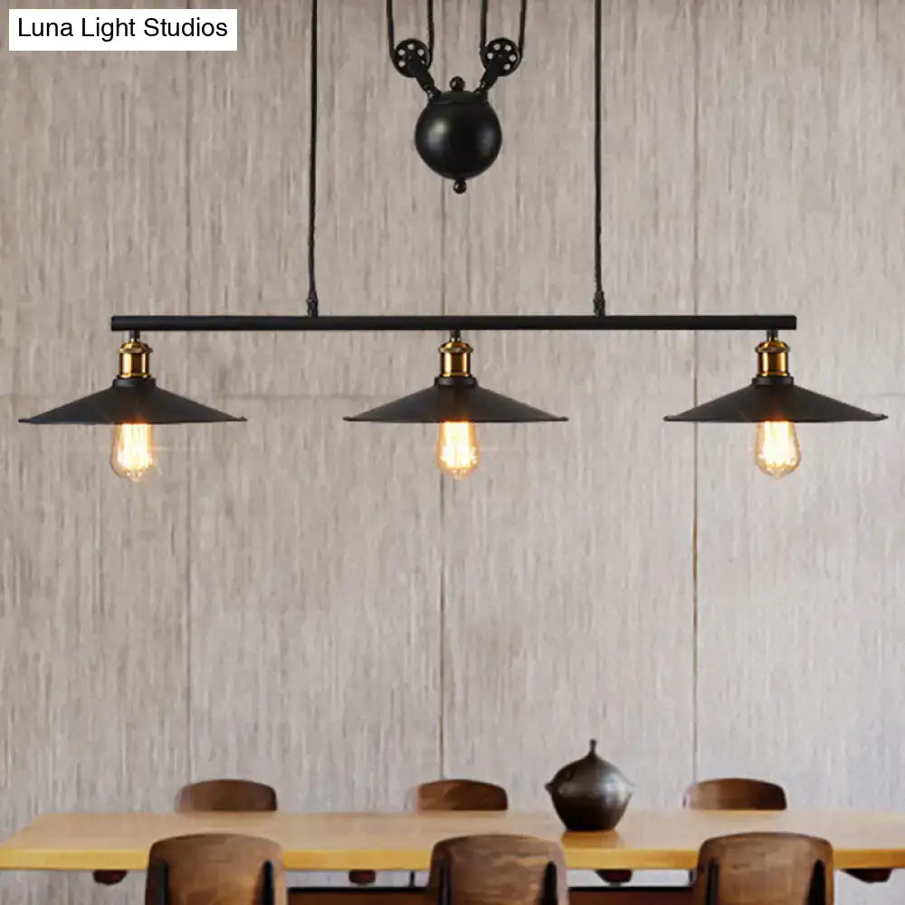 Black Pulley Cone Three-Bulb Pendant Light