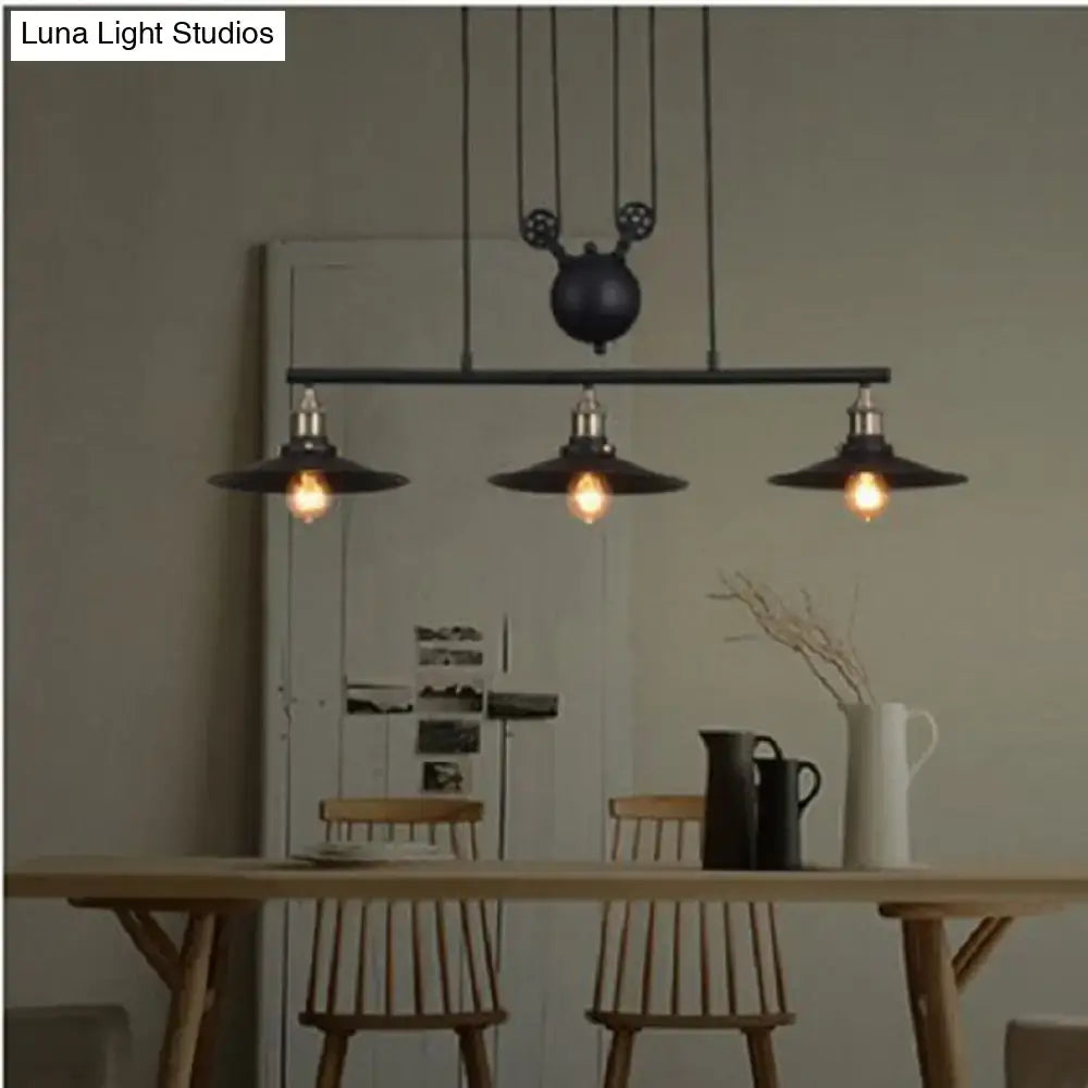 Black Pulley Cone Three-Bulb Pendant Light