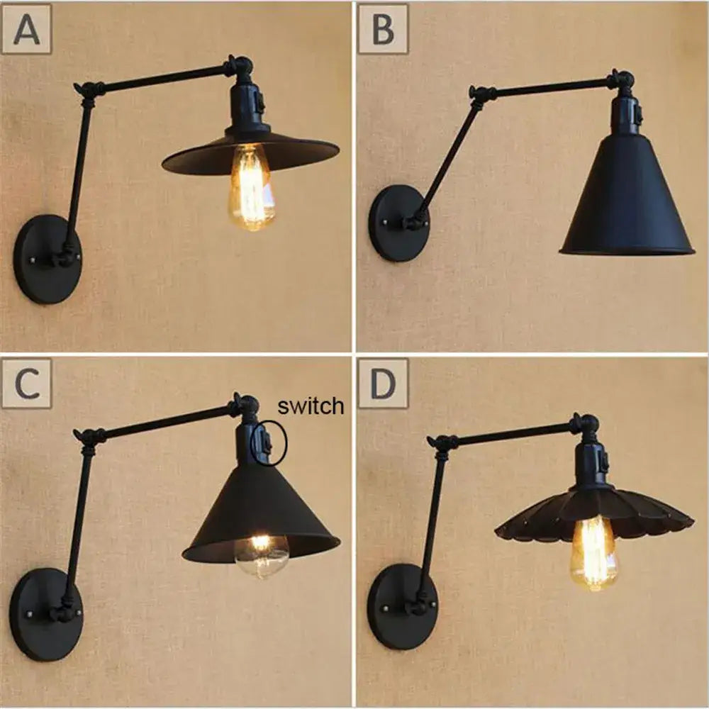 Black Swing Arm Wall Lamp with Built-In Switch