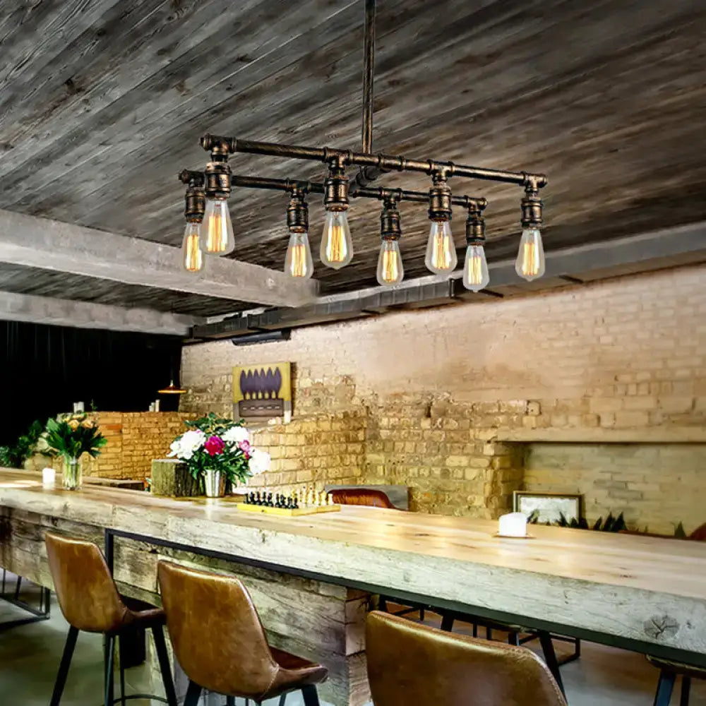 Bronze Pipe Eight-Light Open-Bulb Chandelier