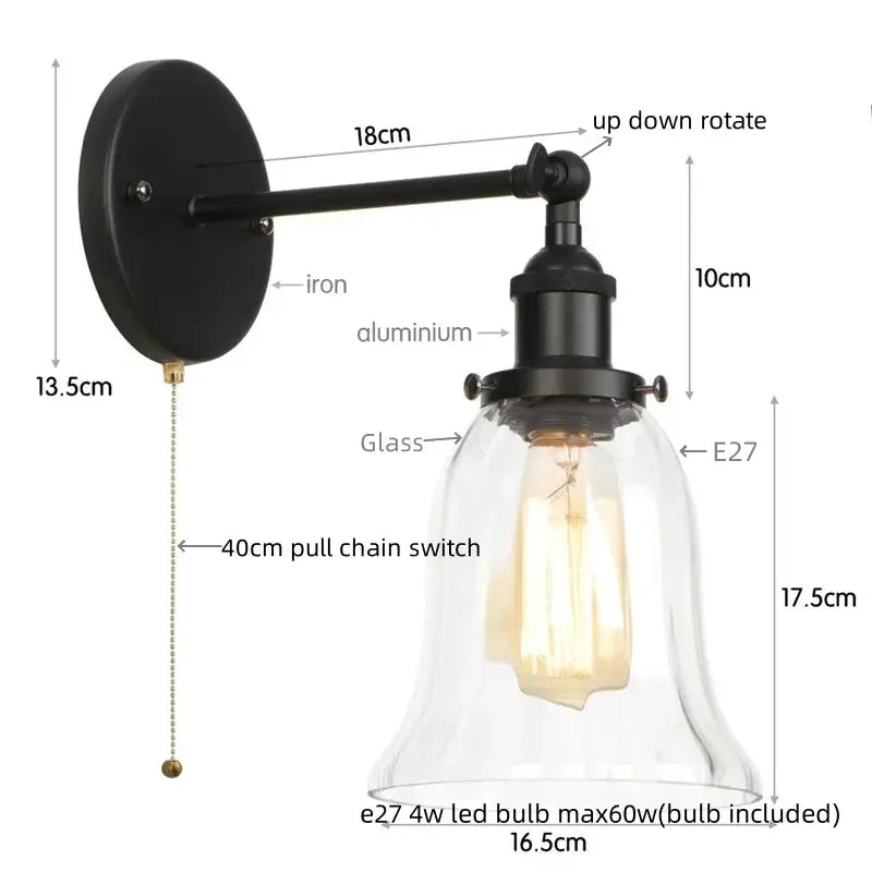 Clear Glass Wall Sconce with Industrial Iron Frame