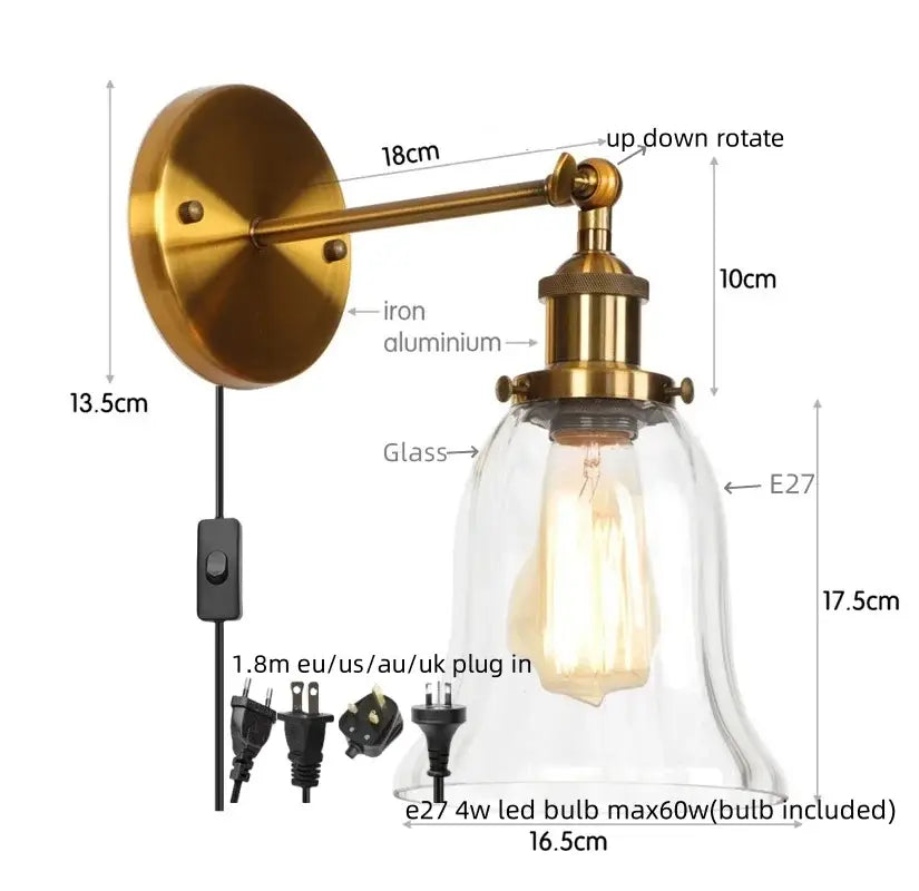 Clear Glass Wall Sconce with Industrial Iron Frame