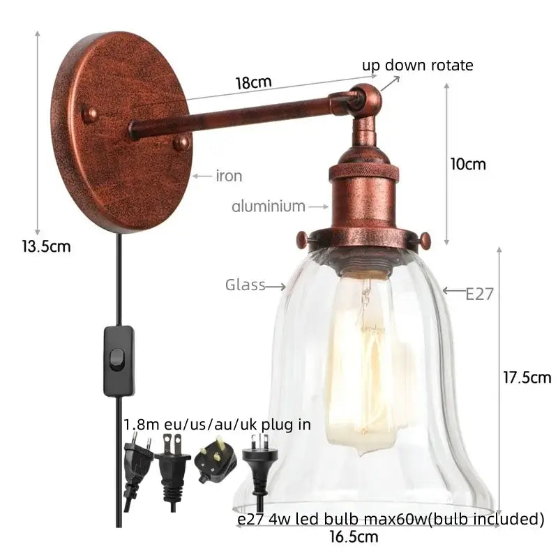 Clear Glass Wall Sconce with Industrial Iron Frame