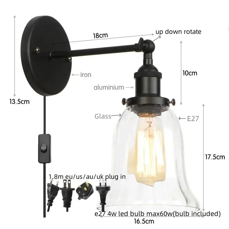 Clear Glass Wall Sconce with Industrial Iron Frame