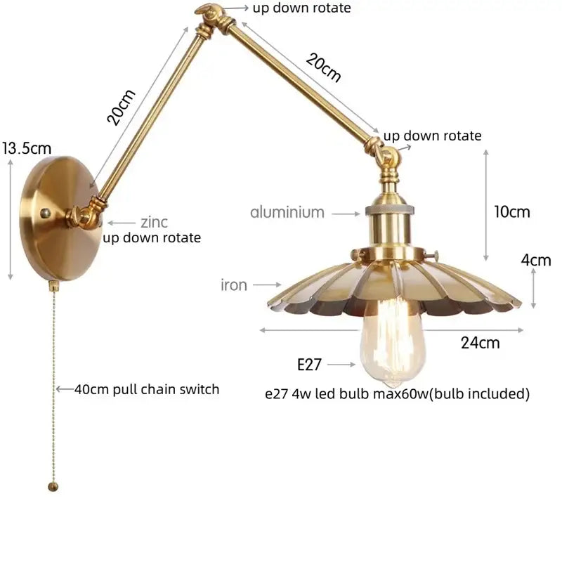 Gold Fluted Wall Sconce With Pull Chain Switch