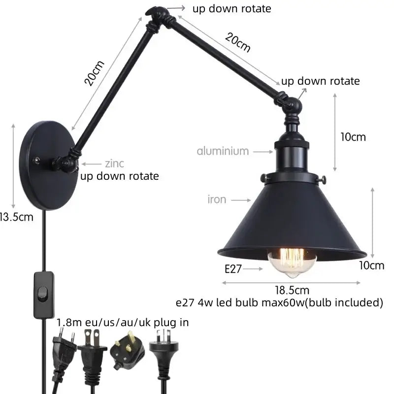 Black Brass Wall Lamp with Swing Arm Design