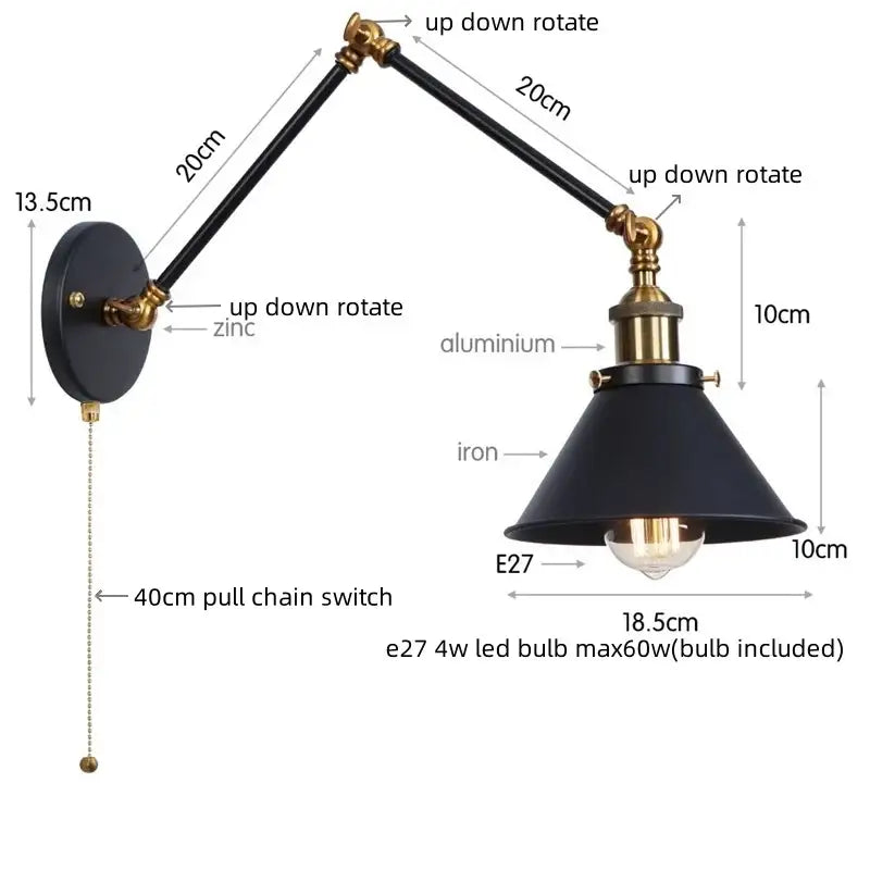 Black Brass Wall Lamp with Swing Arm Design