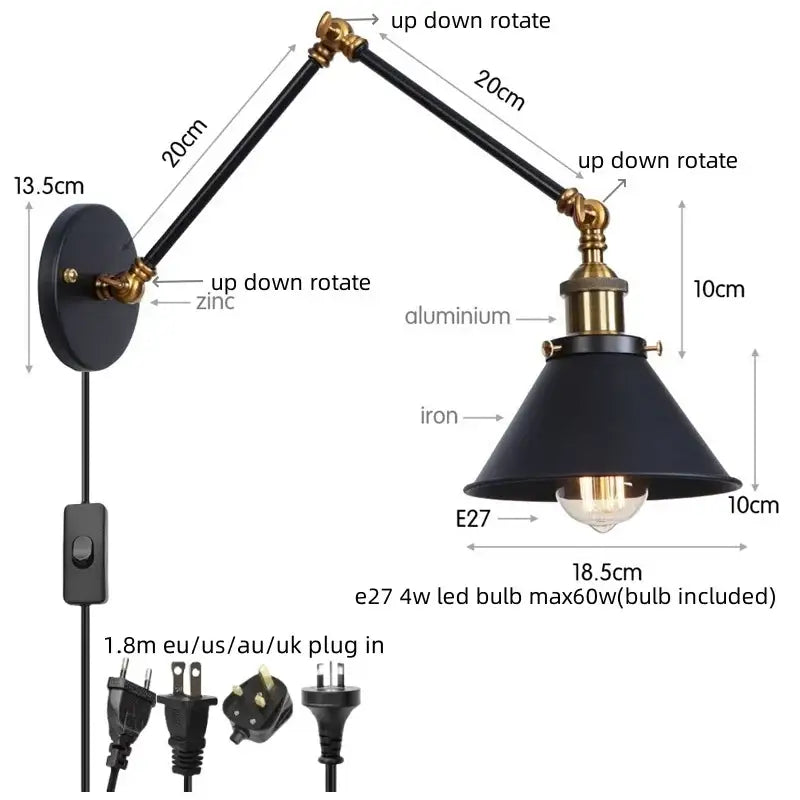 Black Brass Wall Lamp with Swing Arm Design