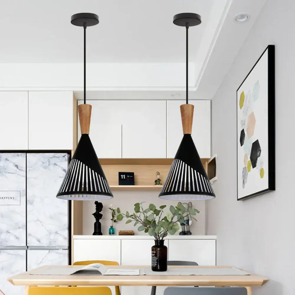 Black Wood Pendant Light Slatted for Kitchens