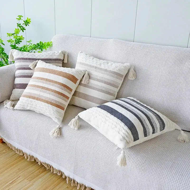 Coffee Stripe Tassel Pillowcase
