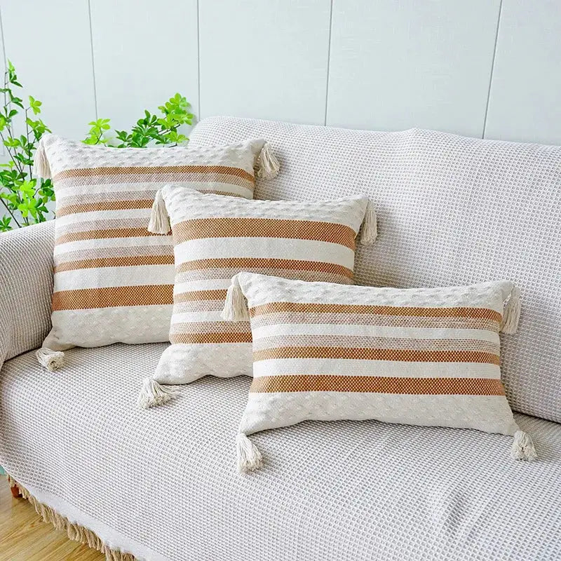 Coffee Stripe Tassel Pillowcase