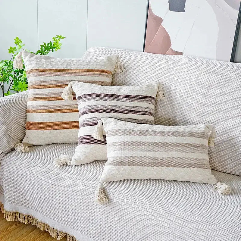 Coffee Stripe Tassel Pillowcase