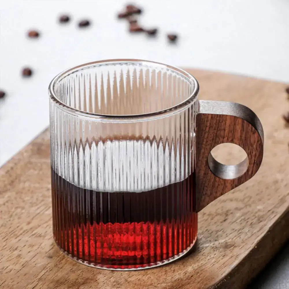 Ribbed Glass Wooden Handle Mug