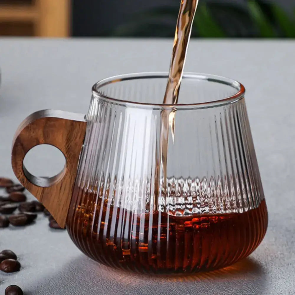 Ribbed Glass Wooden Handle Mug