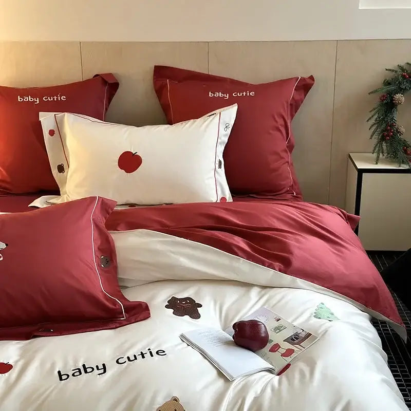 Embroidered White Red Bedding