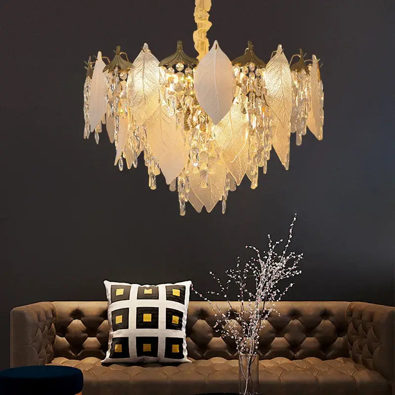 Gold Crystal Pendant Light Leaf-Shaped Design