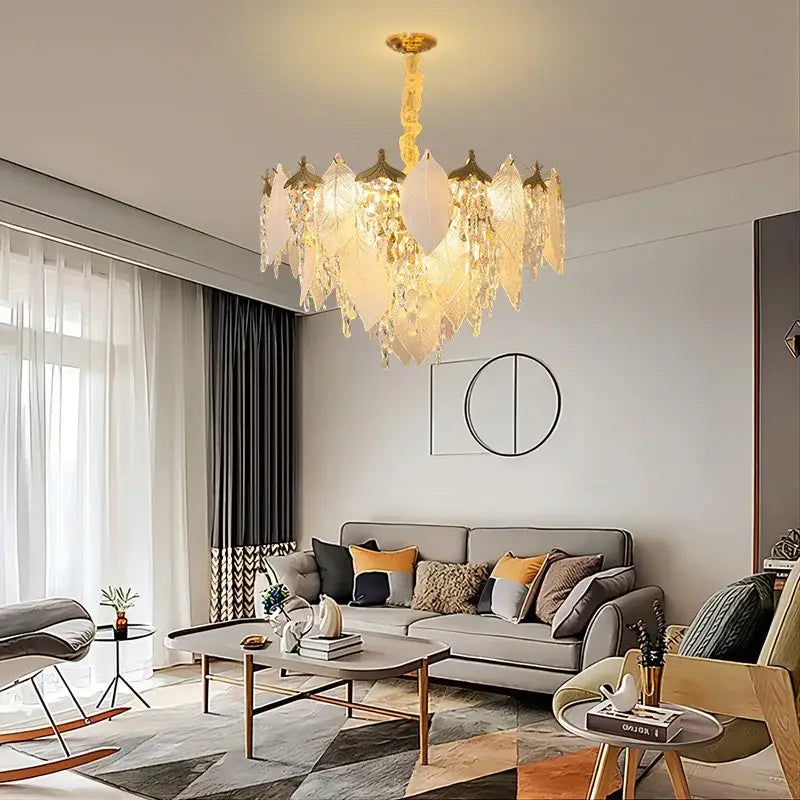 Gold Crystal Pendant Light Leaf-Shaped Design