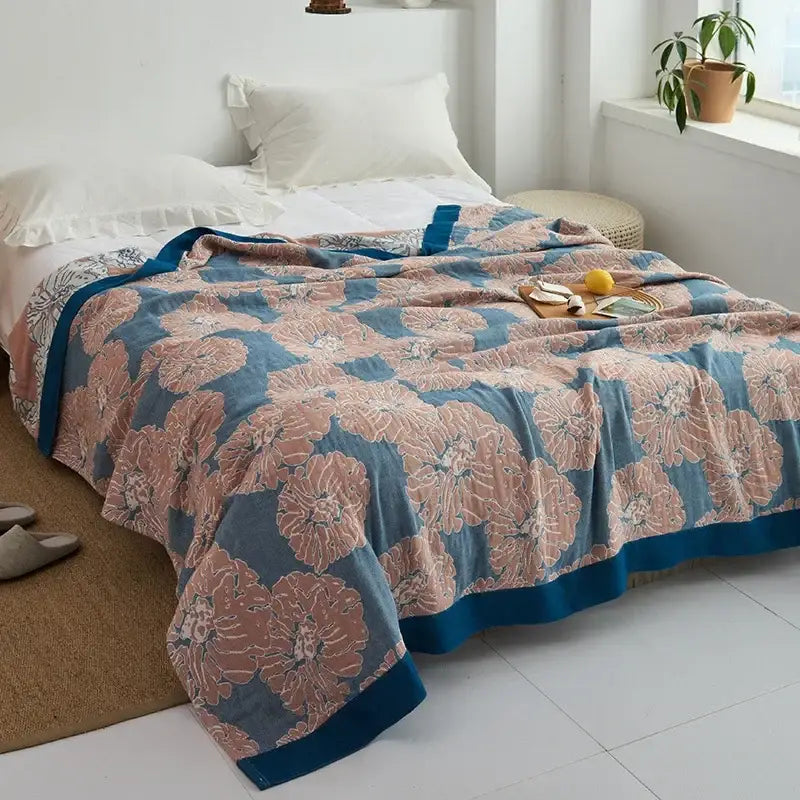 Blue Leaf Cotton Gauze Throw