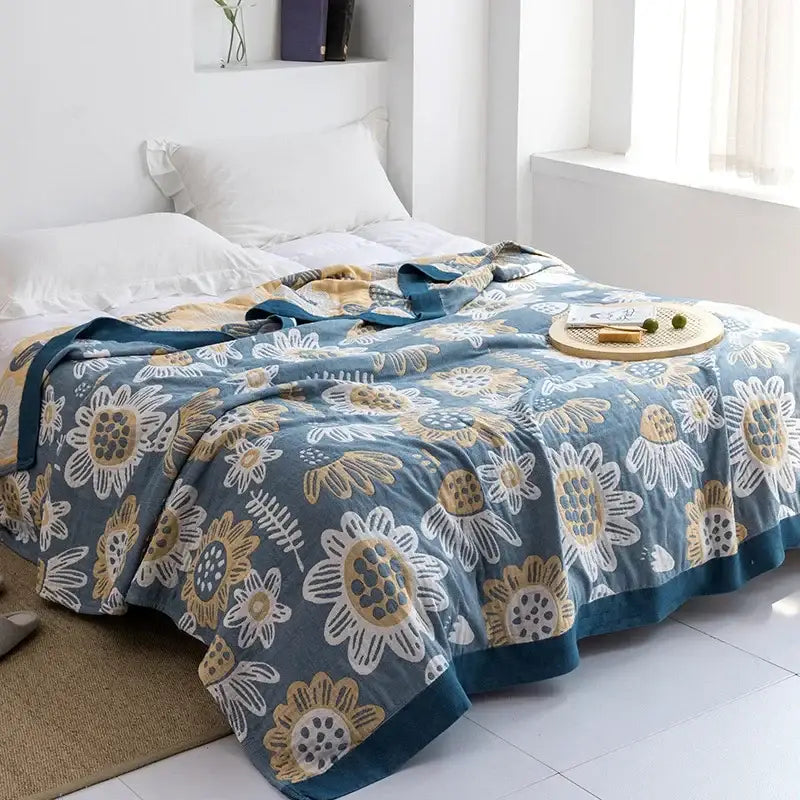 Blue Leaf Cotton Gauze Throw