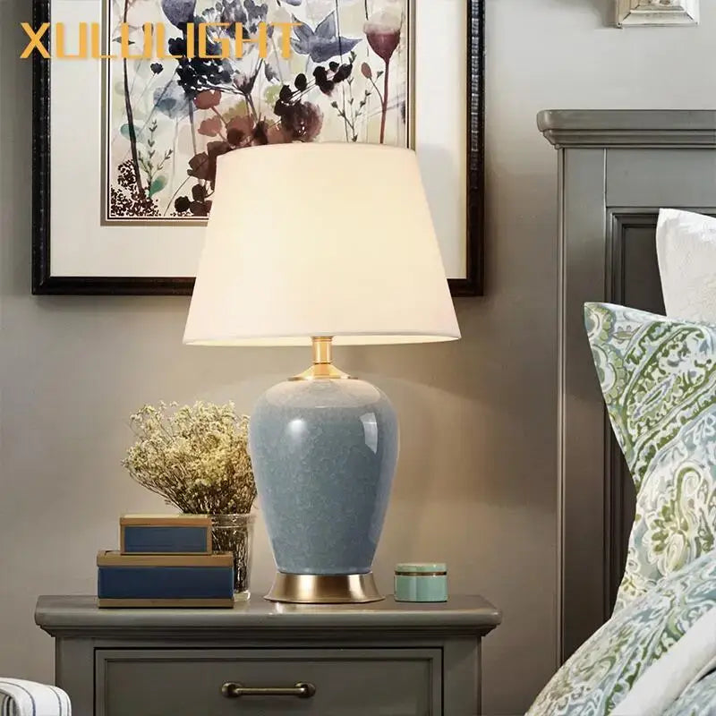 Blue Ceramic Table Lamp with Ice Crack Finish