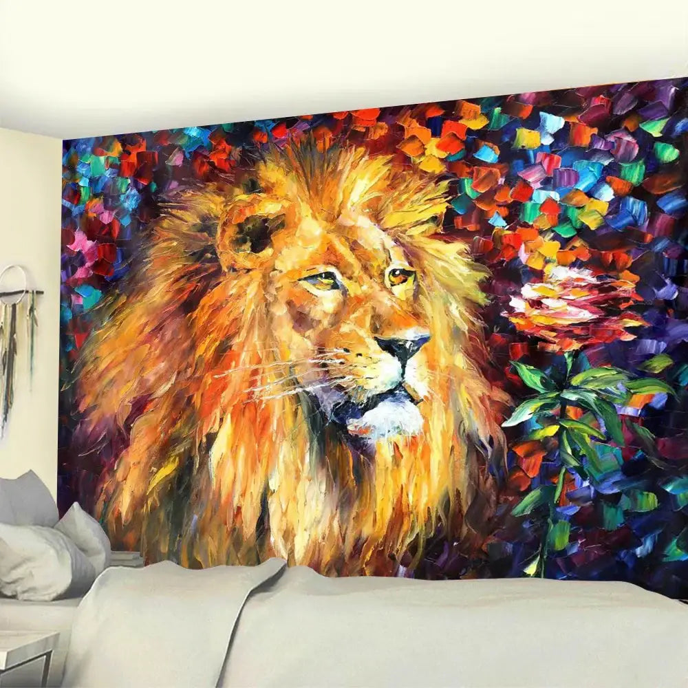 Neon Lion Art Tapestry
