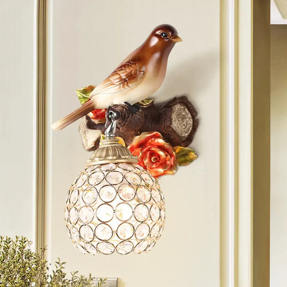 Brown Bird Wall Sconce Crystal Globe Shade