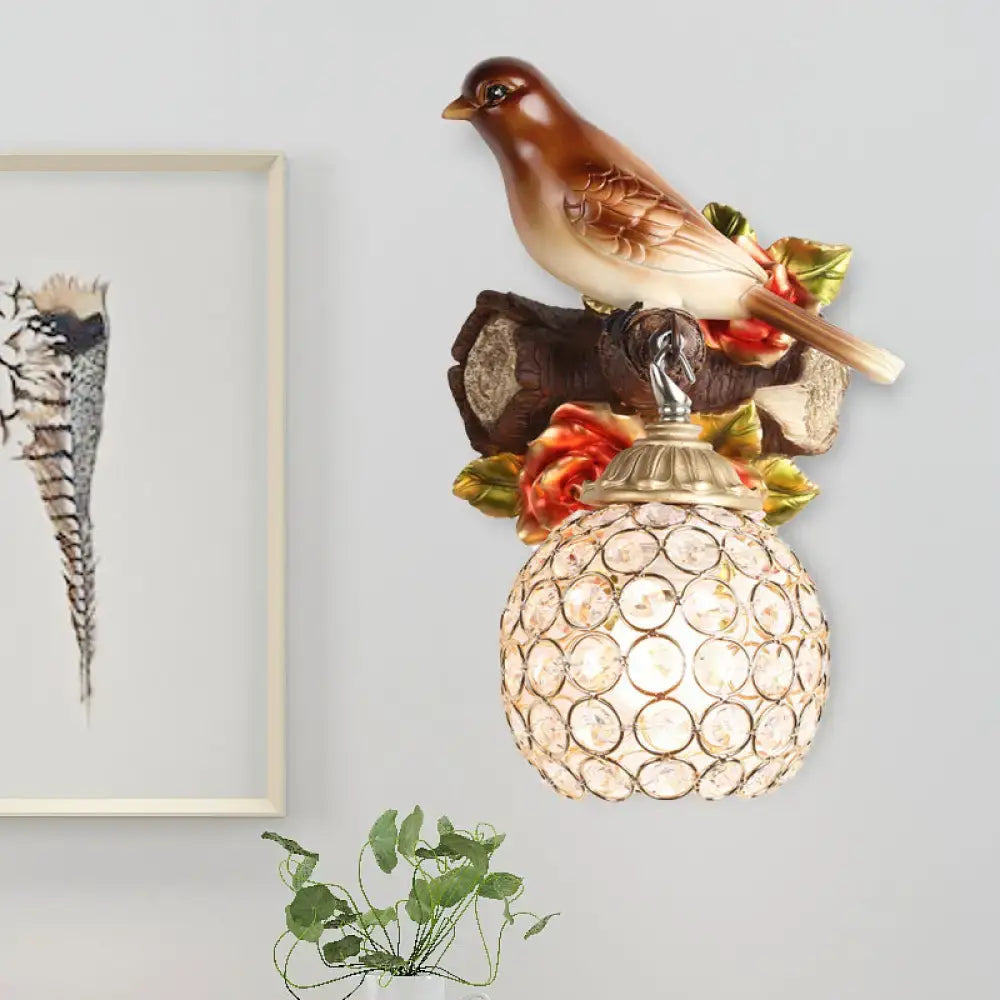 Brown Bird Wall Sconce Crystal Globe Shade
