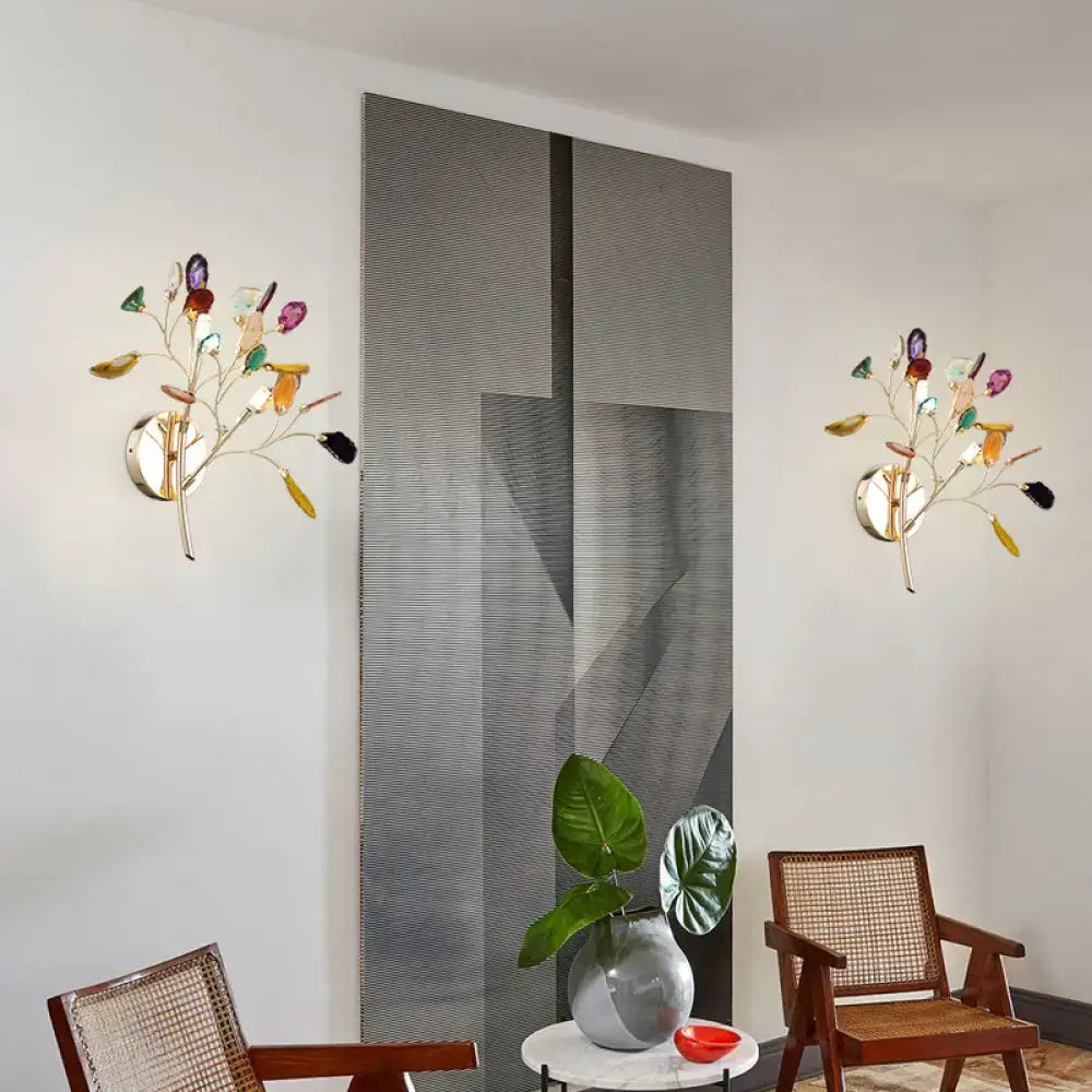Gold Branch Wall Sconce Two-Light Colored Crystal