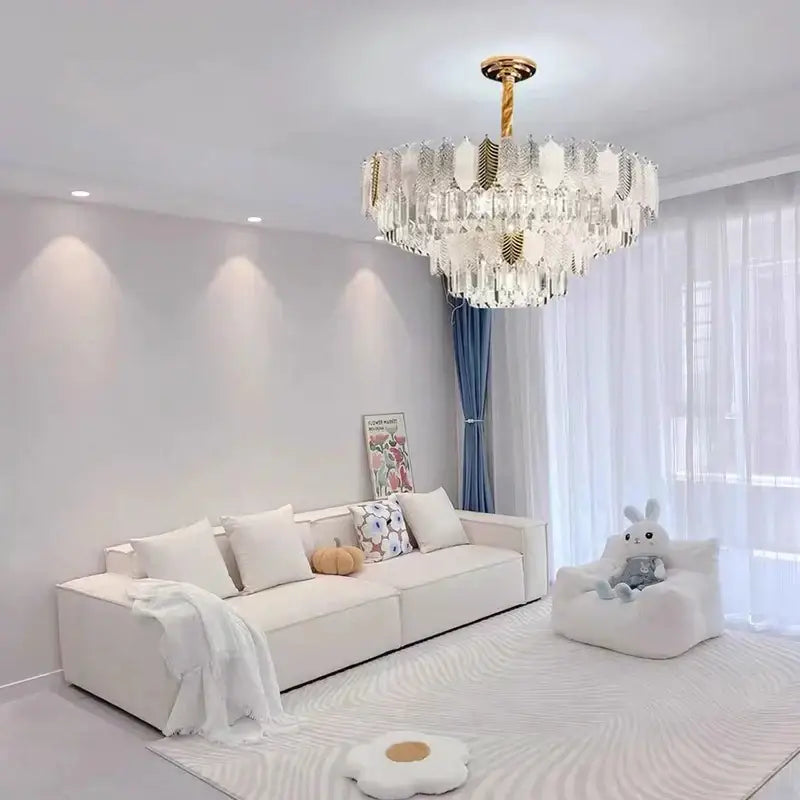 Gold Leaf Crystal Chandelier Polished Steel