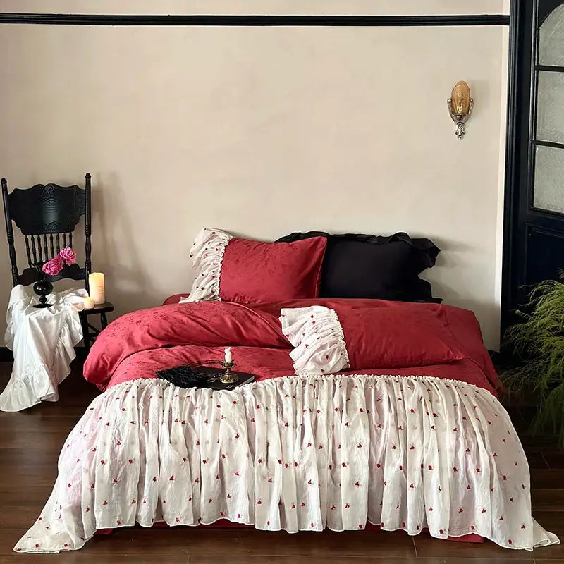Red White Lace Bedding Set