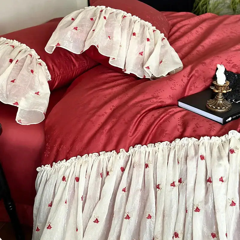 Red White Lace Bedding Set
