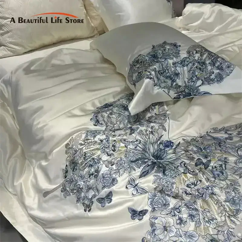 Blue Butterfly Embroidered Bedding Set Queen