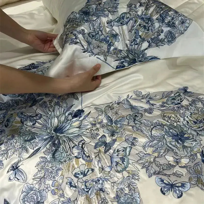 Blue Butterfly Embroidered Bedding Set Queen