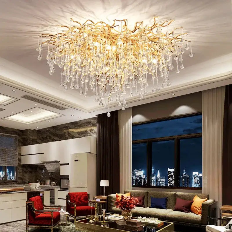 Gold Crystal Teardrop Chandelier with Adjustable Setting