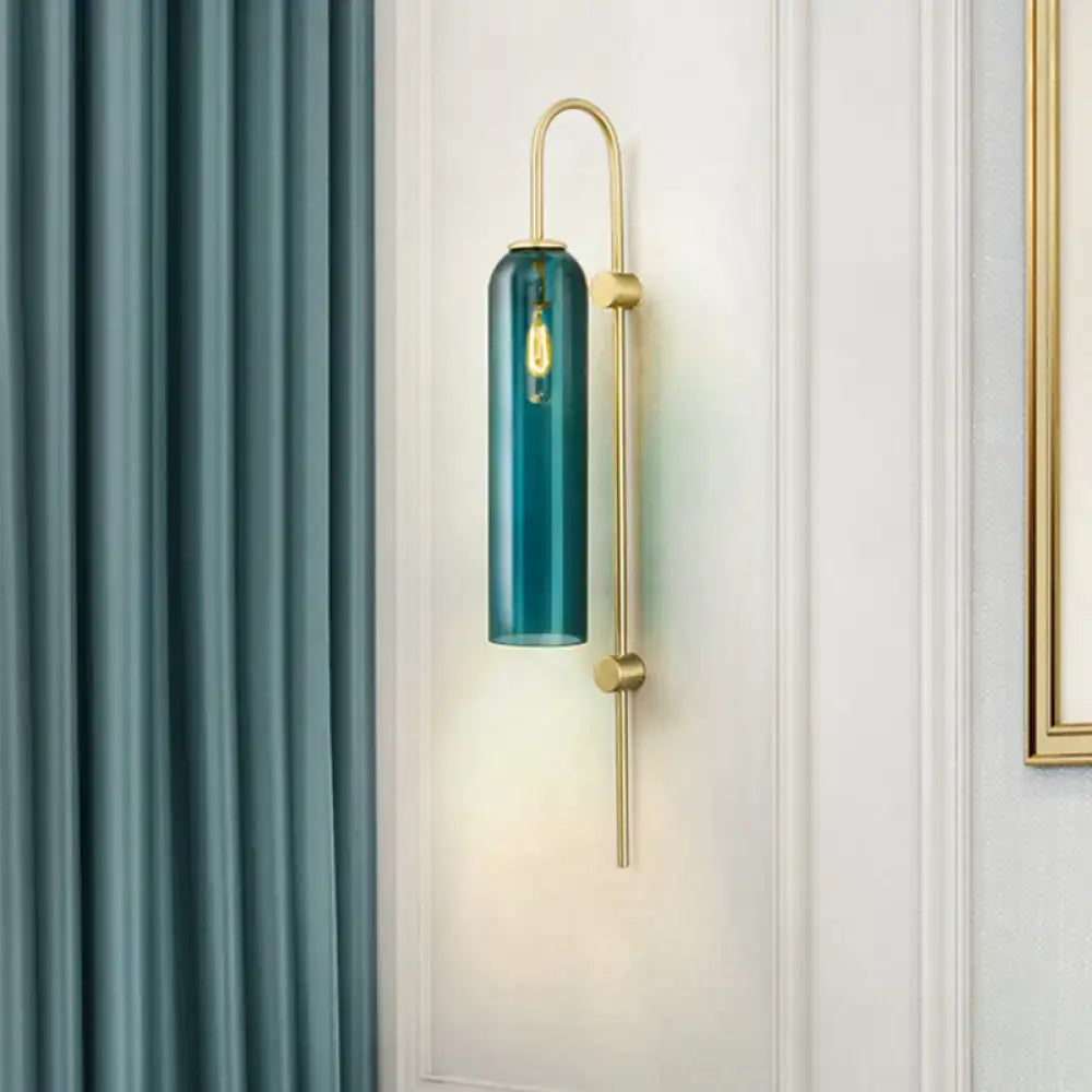 Brass Teal Glass Gooseneck Wall Sconce
