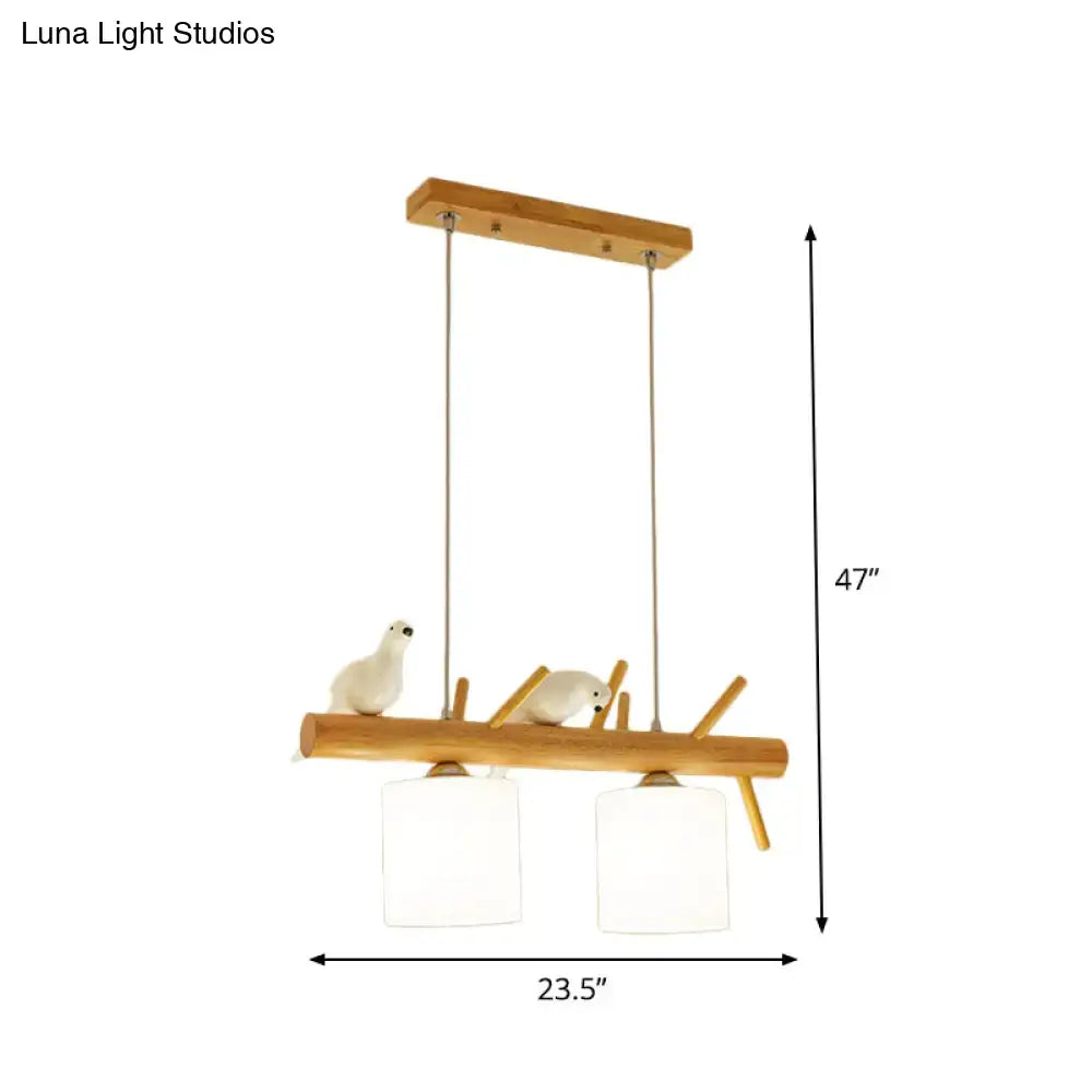 Beige Drum Bird Branch Three-Light Pendant