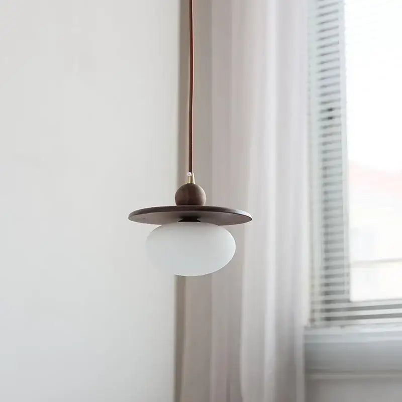 Walnut Brass Pendant Lamp With Diffused Glass Shade