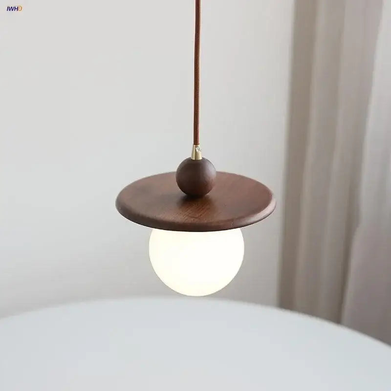 Walnut Brass Pendant Lamp With Diffused Glass Shade