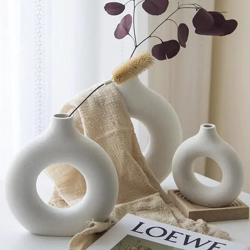 White Ceramic Donut Vase Set