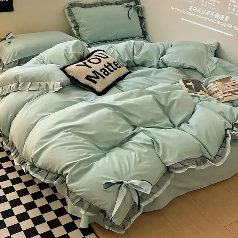 Mint Ruffled Cotton Bedding
