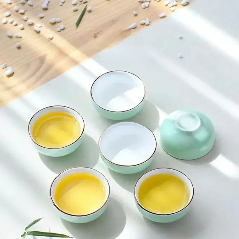 Celadon Gold Rim Tea Cups