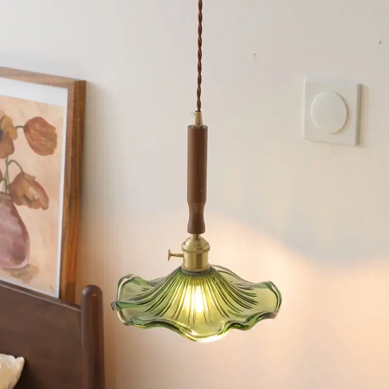 Amber Glass Walnut-Accent Living Pendant Light