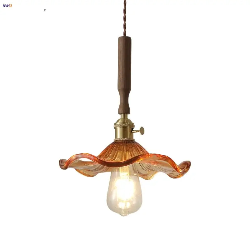 Amber Glass Walnut-Accent Living Pendant Light