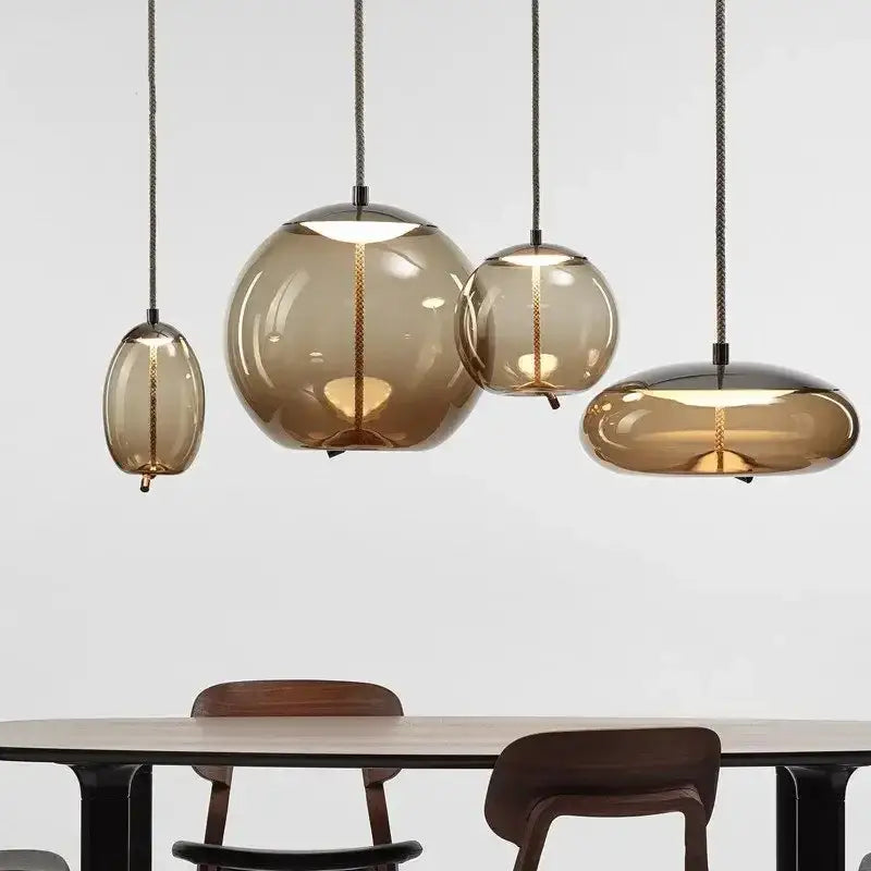 Amber Glass Pendant Light with Gold Accents