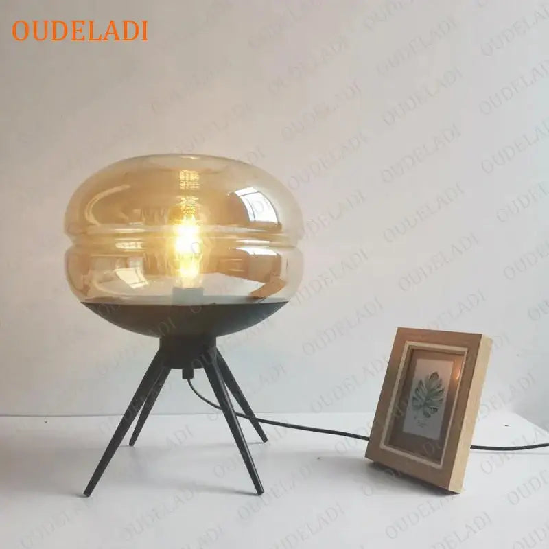 Amber Glass Table Lamp Black Tripod Base